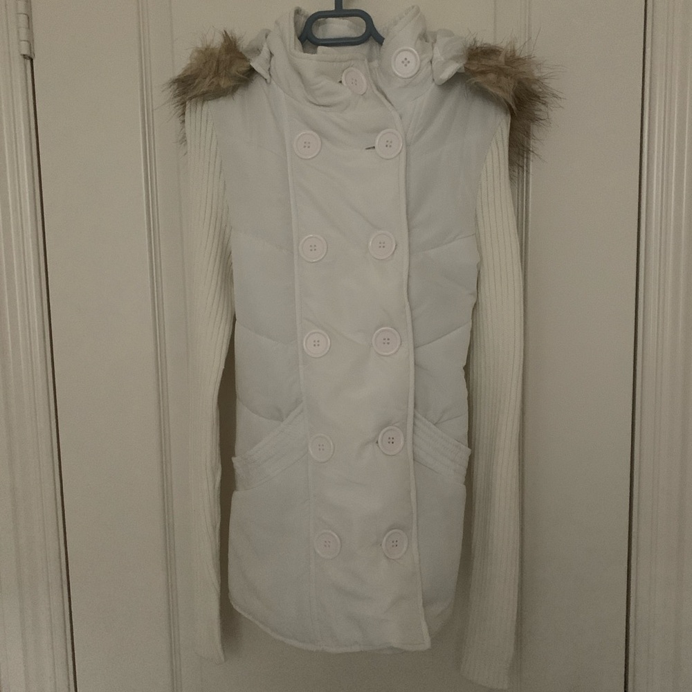 Glimmer by J.J. Basics Ivory Knit Sleeve Puffer Jacket Detachable Fur Hood Med